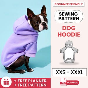 Könnte beinhalten: Ein lilafarbenes Nähmuster für einen Hunde-Hoodie mit einem Hund, der den Hoodie trägt. Das Muster ist in den Größen XXS bis XXXL erhältlich und beinhaltet einen kostenlosen Planer. PDF-Download.
