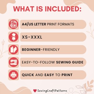 May include: A pink and white graphic with the text "WHAT IS INCLUDED:" and a list of five items included in a sewing pattern: A4/US Letter print formats, XS-XXXL sizes, beginner-friendly, easy-to-follow sewing guide, and quick and easy to print.