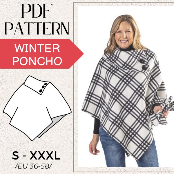MOTIF poncho d'hiver pour femme, manteau confortable, taille du paquet XS 36 à 2XL 58, PDF, numérique, téléchargement immédiat, imprimable A4