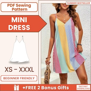 Op de afbeelding: PDF-naai-patroon voor een mini-jurk met een V-hals en dunne bandjes. Het patroon is verkrijgbaar in de maten XS tot XXXL en is geschikt voor beginners. De afbeelding toont een model dat een kleurrijke gestreepte mini-jurk draagt. De tekst "SUMMER BESTSELLER" en "+FREE 2 Bonus Gifts" is ook zichtbaar.