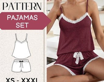 PATTERN Sewing Short Pajama Set, Short Satin Pajama Pdf, Two Pieces Pajama Sewing Pattern, Size 4-24, PDF Download, Beginner Pattern
