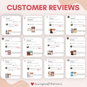 K&ouml;nnte beinhalten: Eine Collage von Kundenbewertungen f&uuml;r N&auml;hmuster. Die Bewertungen werden in einem Rasterformat mit einer Sternebewertung und einem kurzen Kommentar jedes Kunden angezeigt. Die Bewertungen sind positiv und heben die Benutzerfreundlichkeit, Qualit&auml;t und den Wert der Muster hervor. Das Bild enth&auml;lt auch den Text "CUSTOMER REVIEWS" und "SewingCraftPatterns".