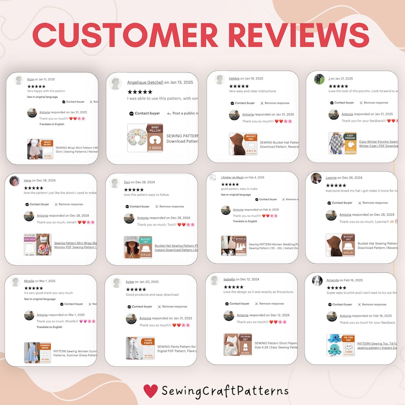 K&ouml;nnte beinhalten: Eine Collage von Kundenbewertungen f&uuml;r N&auml;hmuster. Die Bewertungen werden in einem Rasterformat mit einer Sternebewertung und einem kurzen Kommentar jedes Kunden angezeigt. Die Bewertungen sind positiv und heben die Benutzerfreundlichkeit, Qualit&auml;t und den Wert der Muster hervor. Das Bild enth&auml;lt auch den Text "CUSTOMER REVIEWS" und "SewingCraftPatterns".