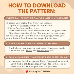 May include: A graphic with instructions on how to download digital patterns purchased on Etsy. The graphic includes three sections: 1. Where can I find my digital purchases in my account? 2. I can't find my download notification email. 3. I purchased a digital item, but I don't have an Etsy account.