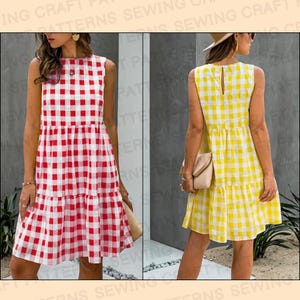 May include: Two sleeveless summer dresses with a gingham pattern. One dress is red and white, the other is yellow and white.