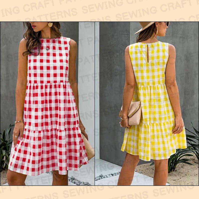 May include: Two sleeveless summer dresses with a gingham pattern. One dress is red and white, the other is yellow and white.