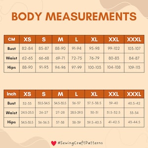 May include: A chart showing body measurements in inches and centimeters for different sizes, including XS, S, M, L, XL, XXL, and XXXL. The chart includes measurements for bust, waist, and hips.
