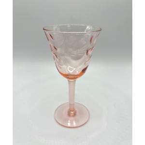 Vintage Rose Pink Optic Wine Glass Etched Design Depression Glass Stemware (1)