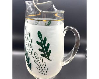 Vintage Frosted Glass Pitcher, Gold Trim, Leaf Design, Mid-Century Barware