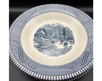 Zestaw 3 misek obiadowych Vintage Currier and Ives Early Winter Royal, 8 cali, niebiesko-biały