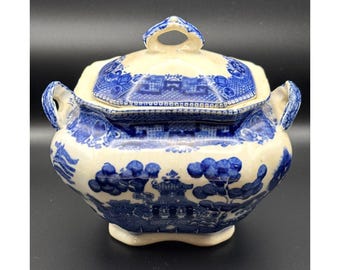 Azucarero Buffalo Pottery Blue Willow con tapa, azul y blanco, c. 1911. Antiguo.