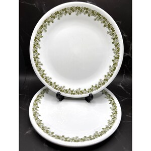 May include: Two white ceramic plates with a floral pattern in shades of green around the rim. The plates are stacked on top of each other, with one slightly elevated. The background is a dark, marble-like surface.