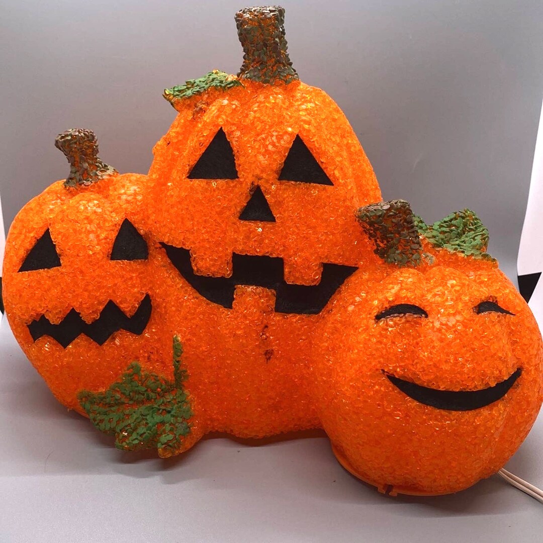 Vintage Halloween Light up Pumpkin Melted Plastic Trio Vintage Holiday