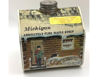 Vintage Absolutely Pure Maple Syrup Empty Tin Log Cabin Container Michigan 1984