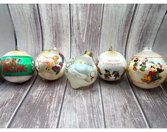 Vintage Satin and Glass Christmas Ornaments, 1980s Mickey & Friends, Set of 5