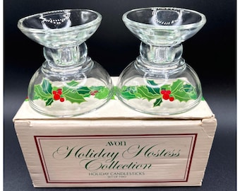 Vintage Avon Christmas Glass Candlestick Holder Pair with Original Box- Holiday Hostess Collection