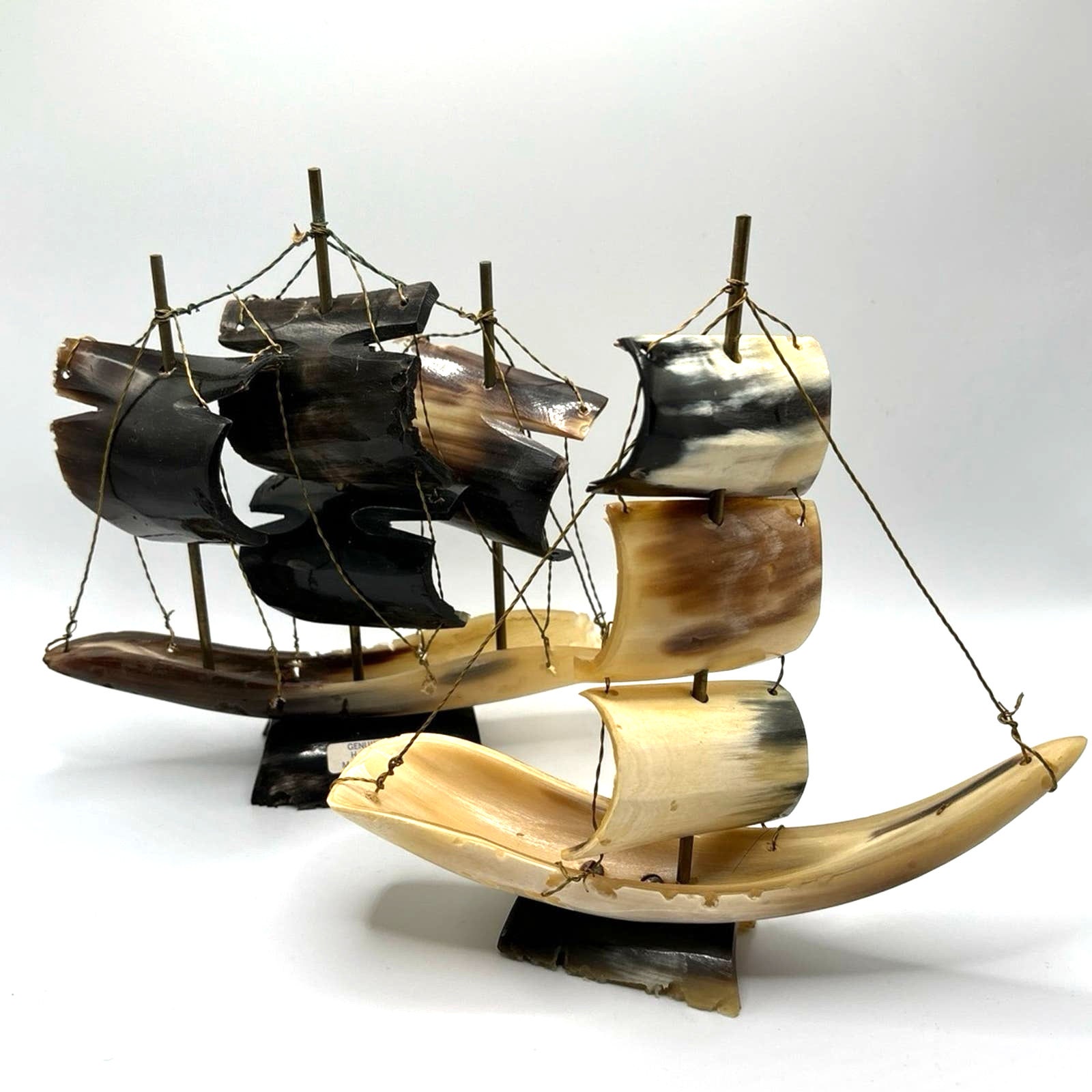Hand Carved Genuine Horn Sailing Ships Vintage MCM Nautical Costal
