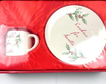 Milk and Cookies for Santa Holiday Set Holly plate and cup by Burton+Burton NEW