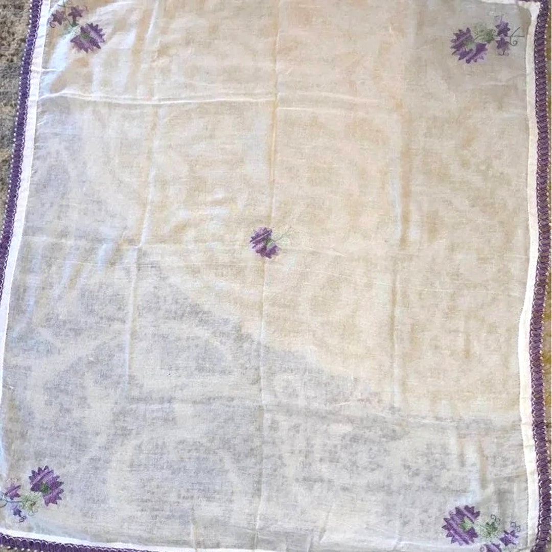 Sheer Table Linen Dresser Scarf Embroidered Vintage Purple Floral Etsy