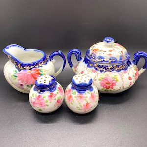 Antiguo azul cobalto pintado a mano floral/oro diseño porcelana crema/azucarero