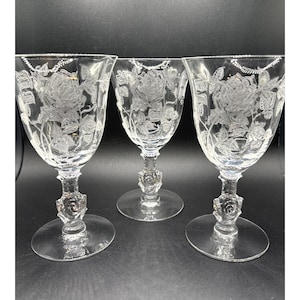 Heisey Waverly Rose Fine crystal Water/Wine Goblets Set of Three Vintage 40s/50s
