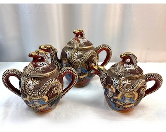 Vintage Moriage Japanse Satsuma Dragon Ware-theepot met creamer en suikerpot