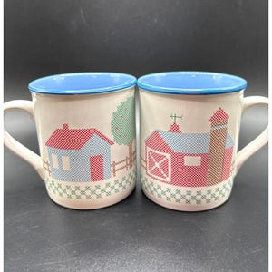 Vintage Stitchin' Time Collection Mount Clemens Pottery Farmhouse Scene Coffee Mugs