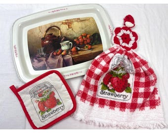 Robert Chailloux Dienblad Jaren 50 Met Jaren 70 Aardbeien Pannenlap Met Hangende Handdoek