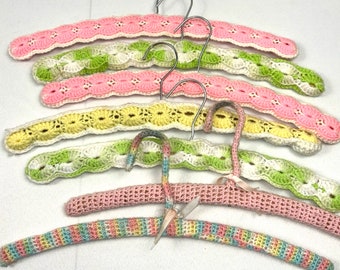 Vintage Lot of 7 Wooden Hangers Crocheted Yarn Design Cottage Core Pastel 1970s