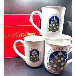Otagiri Japan Christmas Mugs Teddy Bears and Tree Design Holiday Cup Set of 4 w/Box