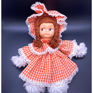 Vintage Yarn Doll Plastic Face Pig-tailed Yarn Body Red/White Plaid Dress