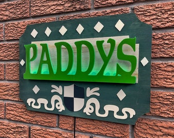 Paddy's Pub LED Wall Sign - Full Size Wood Base