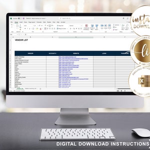 May include: A computer screen displaying a spreadsheet with the title "Vendor List". The spreadsheet has columns for vendor, account, website, login, and password. The spreadsheet is in a Microsoft Excel format. The screen is on a desk with a keyboard and mouse.