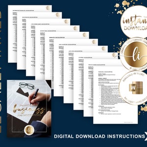 May include: A digital download of professionally written business job descriptions in a Microsoft Word document. The image shows a stack of job descriptions, a hand writing on a document, and a gold logo with the text "Legally Inked".