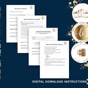 May include: A set of four printable documents for employee onboarding and offboarding. The documents include an employee exit interview, employee resignation statement, change in relationship form, and employee offboarding checklist. The documents are available in a Microsoft Word format and are designed by Legally Inked.