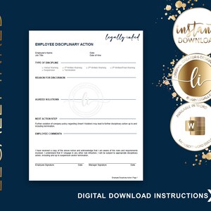 May include: A printable employee disciplinary action form with a gold and white design. The form includes sections for employee name, date, type of discipline, reason for discussion, agreed solutions, next action step, employee comments, employee signature, date, manager signature, and date.