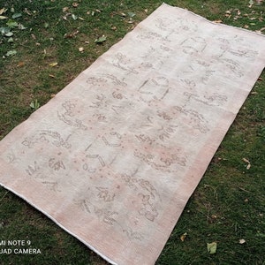 3x7 Vintage Turkish Oushak Rug: Handmade Wool Saloon Rug
