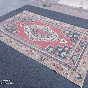 5x8 oushak rug,5x8 turkish rug, 5x8&#39;4 red-blue rug, Faded office Rug, Anatolian Rug, outdoor Rug, Vintage Rug, 5x8 Handmade Rug, #MG-1188