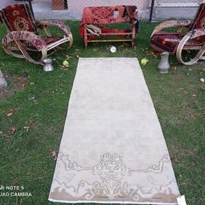 3x8 Beige Anatolian Rug, Muted Rug, Hallway Rug, 3x8 Handmade Rug, 3x8 Corridor Runner, Antique Old Rug, Entryway Rug, #MG-245