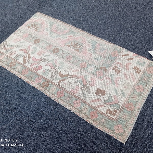 Tapis Oushak 2x4, tapis turc 2x4, tapis rose-vert 1'11x3'7, tapis extérieur, tapis vintage, paillassons, tapis d'entrée, tapis fait main, tapis antiques, #Y-463