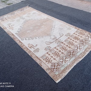 4x9Turkish Rug,4x9 Oushak Rug, 4&#39;4x9&#39;1 brown-green rug, Vintage Rug,outdoor rug, office Antique Rug,entry Rug,hallway Handmade Rug, #MG-1415