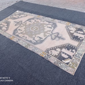 4x9Turkish Rug, 4x9 Oushak Rug, 4x8&#39;11 pink-blue rug, Vintage Rug,Faded Rug,outdoor rug,Antique Rug,entry Rug,hallway Handmade Rug, #MG-1389