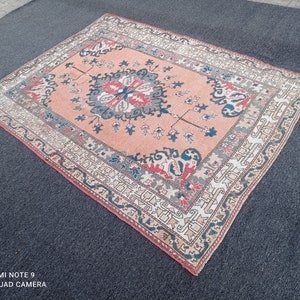 Handmade Turkish Oushak Rug: 4.8x6.6 ft Vintage Wool Rug