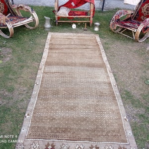 Brown Oushak Rug 4x8: Vintage Turkish Wool Saloon Rug