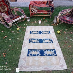 Blue Anatolian Rug, 3x5 Turkish Rug, Handwoven Rug, 3x5 Area Rug, Oushak Rug, Vintage Rug, 3x5 Kitchen Rug, #MG-449