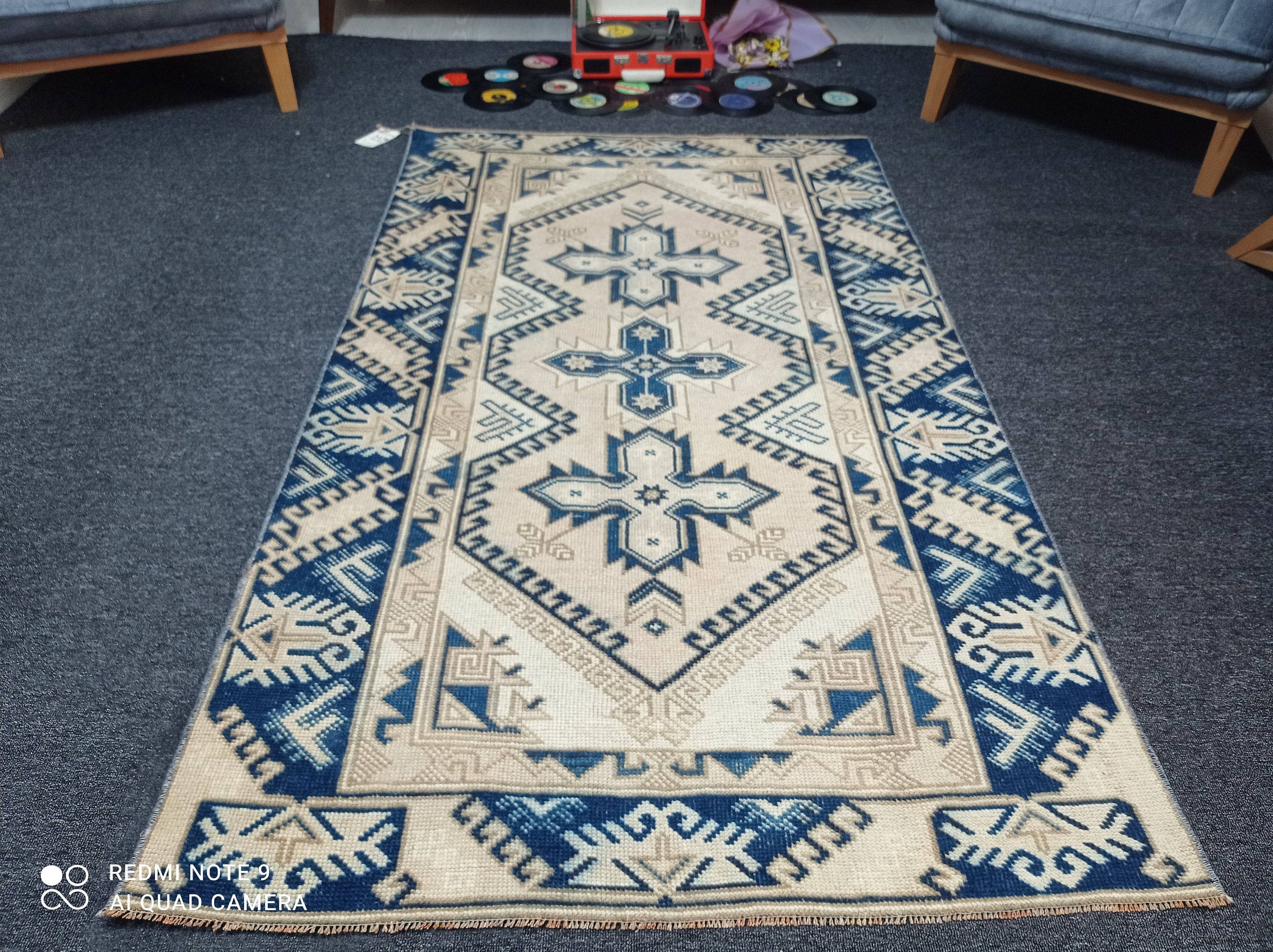 3'4 X 5'8 Blue Handmade Rug,3x6 Muted Rug, Faded Rug,turkish