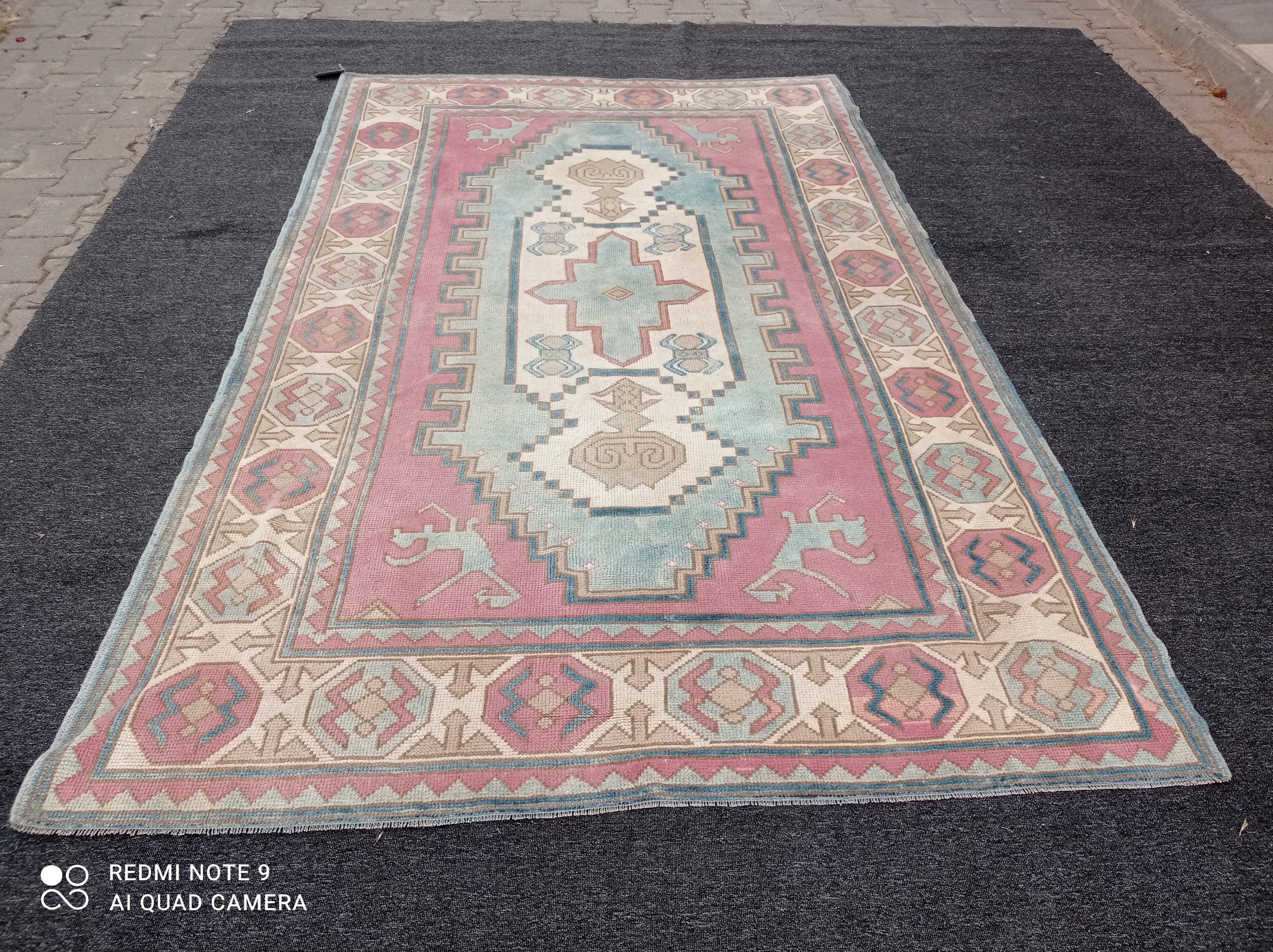 5x8 Turkish Rug,5x8 Oushak Rug, 5'2x8'2 Pink-blue Rug, Office Rug