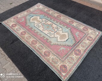 5x8 turkish rug,5x8 oushak rug, 5'2x8'2 pink-blue rug, office Rug, Anatolian Rug, 5x8 outdoor Rug, Vintage Rug, 5x8 Handmade Rug, #MG-1730