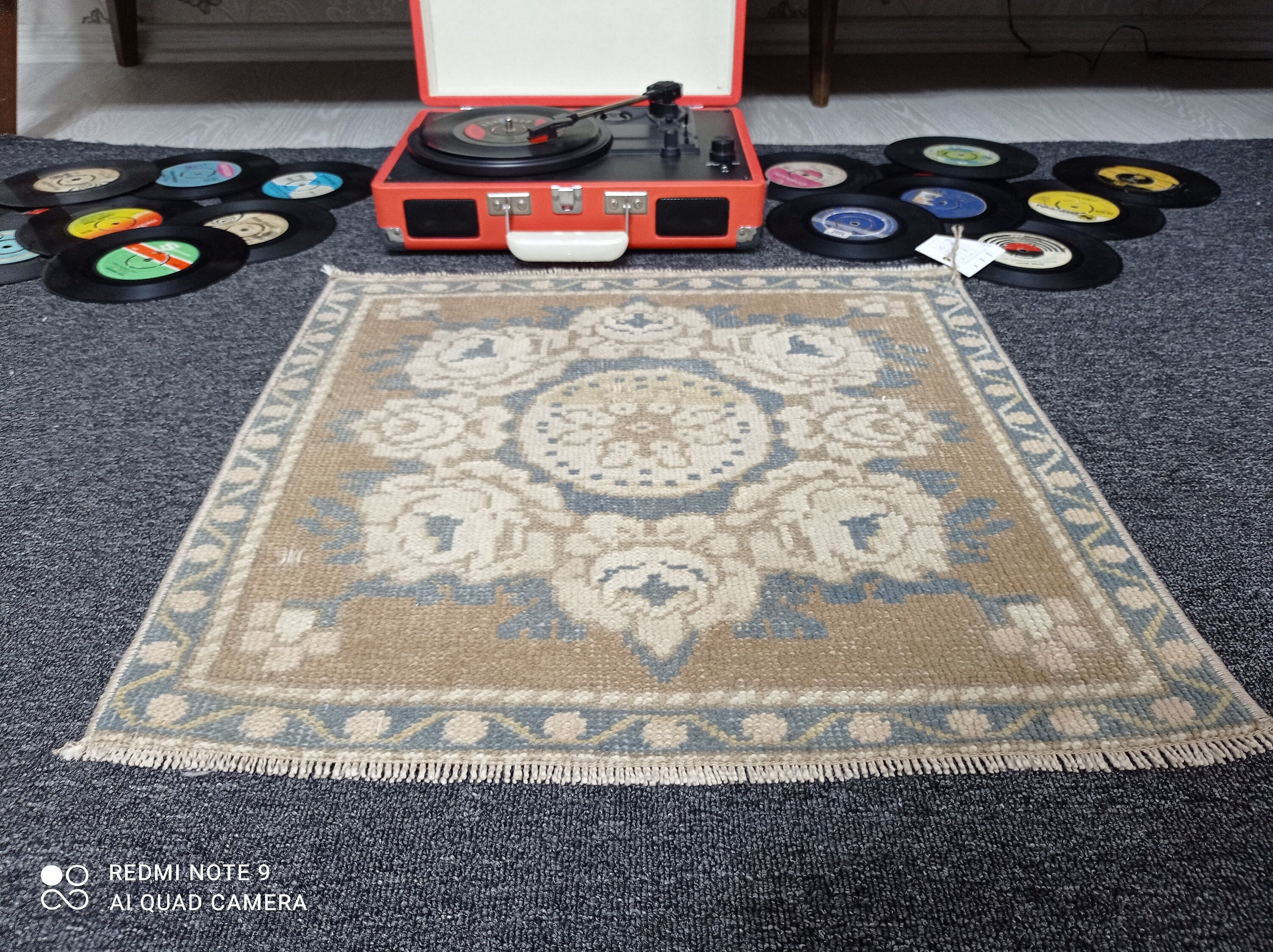 2x2 Small Oushak Rug,2x2 Turkish Mats, 1'10x1'9 Brown-blue Rug, Entry ...