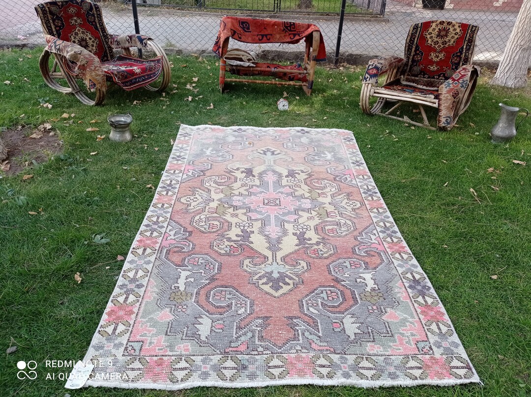 Pink Vintage Rug 4x7 Turkish Rug Kitchen Rug 4x7 Faded Rug Etsy